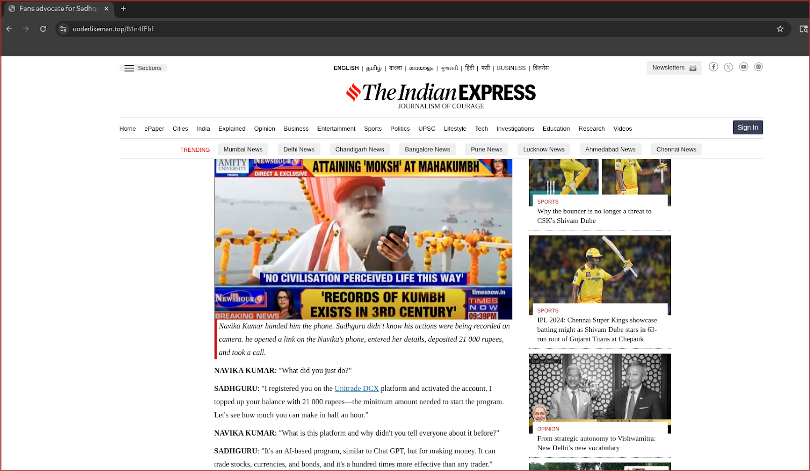 Screenshot of a fake news article featuring Sadhguru discussing a fraudulent investment program, with text highlighting a deceptive registration process for a scam trading platform.