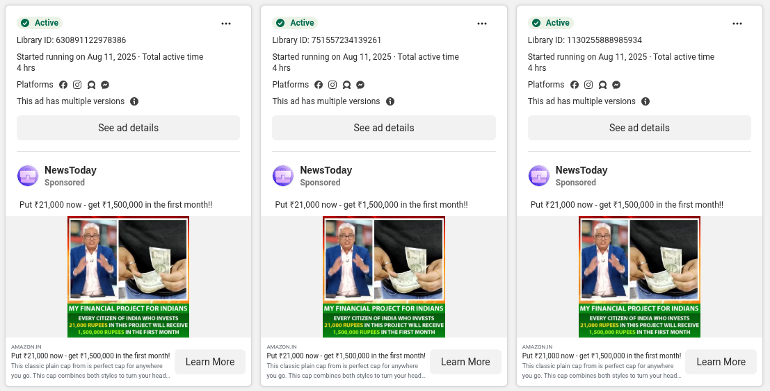 Three sponsored advertisements from 'NewsToday' promoting a fraudulent financial project targeting Indian users, claiming high returns on investment.