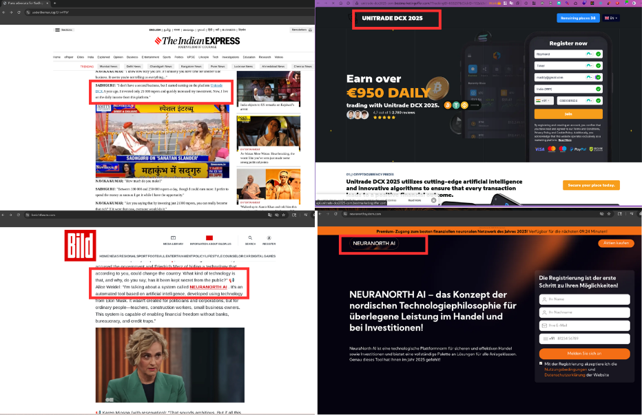 Screenshot showing fake news articles from various sources, including The Indian Express, and advertisements for fraudulent investment platforms like Unitrade DCX 2025 and NeuraNorth AI.