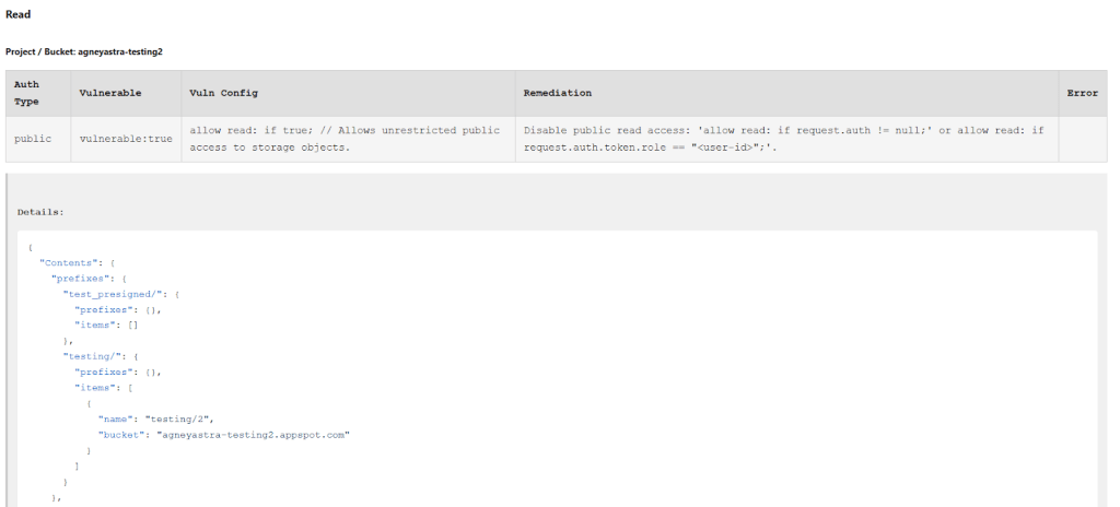 A read vulnerability report showing public access rights for a project bucket with misconfigured authentication settings.