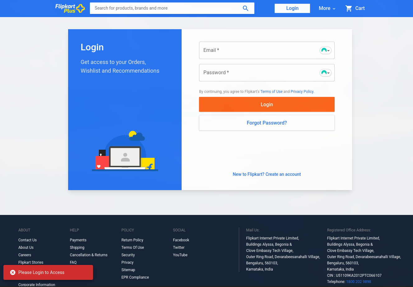 Login page of Flipkart Plus with fields for email and password, and a message prompting users to log in to access their orders and recommendations.