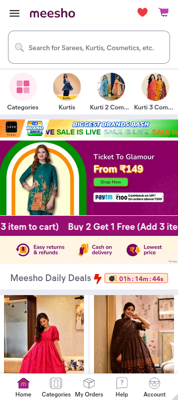 Screenshot of the Meesho e-commerce app showcasing various product categories, promotions, and a countdown timer for daily deals.