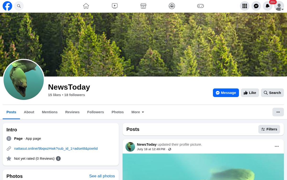 Screenshot of a Facebook page for 'NewsToday', featuring a profile picture of a fish and a background of green trees. The page shows the number of likes and followers, along with sections for posts, about, reviews, and photos.