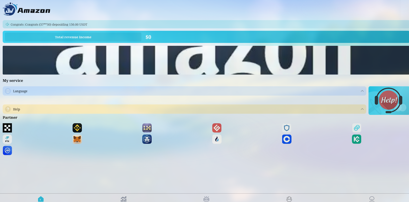 Screenshot of a fraudulent e-commerce interface mimicking Amazon, showing sections for service selection, revenue income, and partner logos, with a conspicuous 'Help!' button.