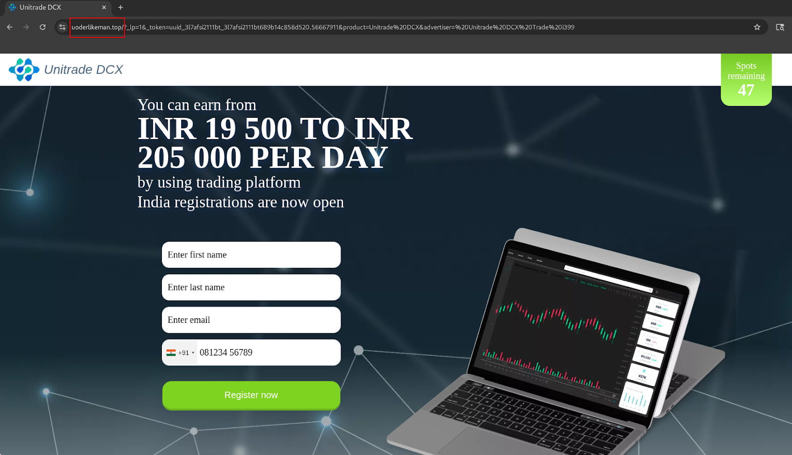 A fraudulent investment platform webpage promoting the Unitrade DCX trading scheme, showcasing possible earnings and a registration form on a computer screen, with an emphasis on unrealistic financial gains.